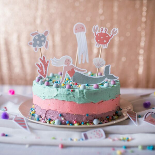 Ava & Yves - Cake Topper mit Glitzer Meerjungfrau (Under the Sea) – Happy Birthday